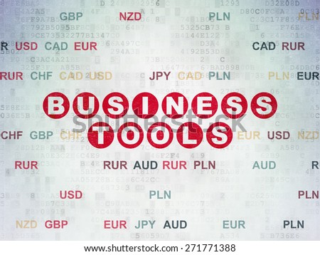 Finance concept: Painted red text Business Tools on Digital Paper background with Currency, 3d render