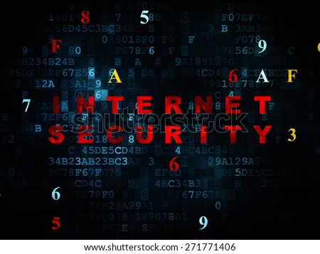 Protection concept: Pixelated red text Internet Security on Digital wall background with Hexadecimal Code, 3d render