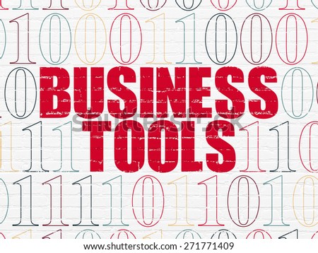 Business concept: Painted red text Business Tools on White Brick wall background with Binary Code, 3d render