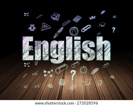 Education concept: Glowing text English,  Hand Drawn Education Icons in grunge dark room with Wooden Floor, black background, 3d render