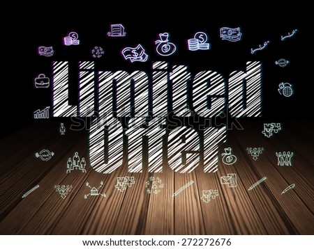 Business concept: Glowing text Limited Offer,  Hand Drawn Business Icons in grunge dark room with Wooden Floor, black background, 3d render