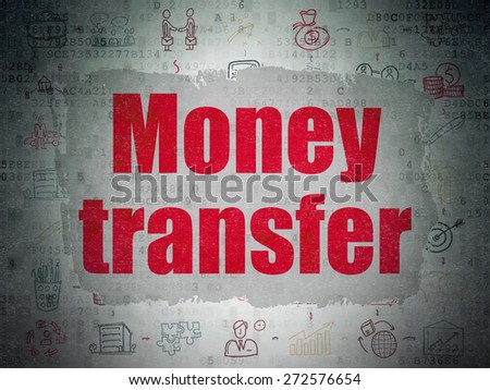 Finance concept: Painted red text Money Transfer on Digital Paper background with  Scheme Of Hand Drawn Business Icons, 3d render