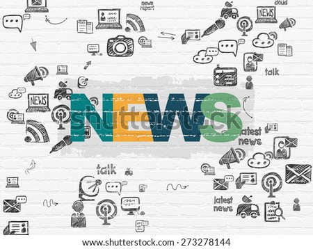 News concept: Painted multicolor text News on White Brick wall background with Scheme Of Hand Drawn News Icons, 3d render