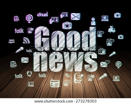 News concept: Glowing text Good News,  Hand Drawn News Icons in grunge dark room with Wooden Floor, black background, 3d render