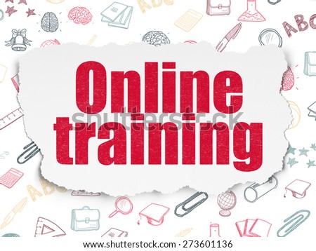 Education concept: Painted red text Online Training on Torn Paper background with  Hand Drawn Education Icons, 3d render