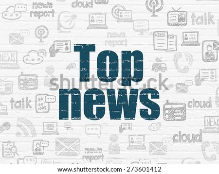 News concept: Painted blue text Top News on White Brick wall background with  Hand Drawn News Icons, 3d render