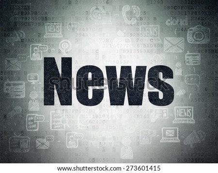 News concept: Painted black text News on Digital Paper background with  Scheme Of Hand Drawn News Icons, 3d render