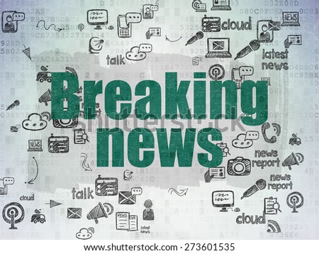 News concept: Painted green text Breaking News on Digital Paper background with Scheme Of Hand Drawn News Icons, 3d render