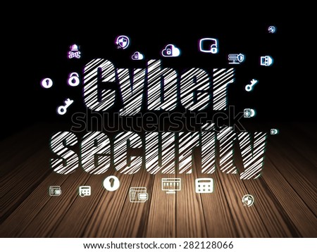 Privacy concept: Glowing text Cyber Security,  Hand Drawn Security Icons in grunge dark room with Wooden Floor, black background, 3d render