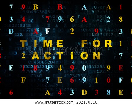 Time concept: Pixelated yellow text Time for Action on Digital wall background with Hexadecimal Code, 3d render