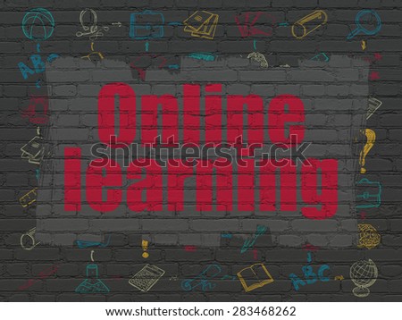 Studying concept: Painted red text Online Learning on Black Brick wall background with Scheme Of Hand Drawn Education Icons, 3d render