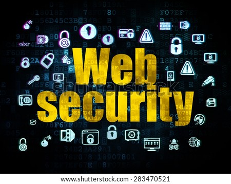 Protection concept: Pixelated yellow text Web Security on Digital background with  Hand Drawn Security Icons, 3d render