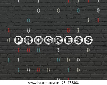 Business concept: Painted white text Progress on Black Brick wall background with Binary Code, 3d render