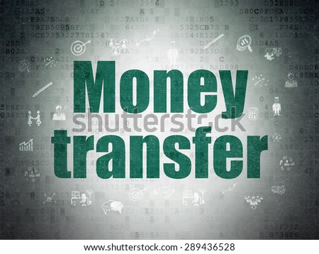 Finance concept: Painted green text Money Transfer on Digital Paper background with  Hand Drawn Business Icons, 3d render