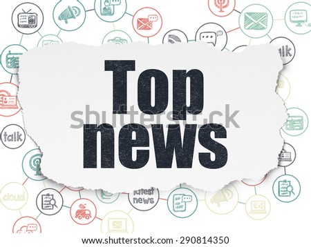 News concept: Painted black text Top News on Torn Paper background with Scheme Of Hand Drawn News Icons, 3d render