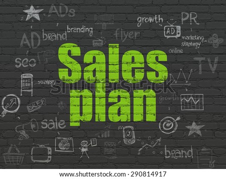 Advertising concept: Painted green text Sales Plan on Black Brick wall background with Scheme Of Hand Drawn Marketing Icons, 3d render
