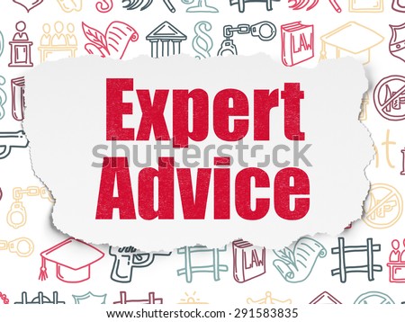 Law concept: Painted red text Expert Advice on Torn Paper background with  Hand Drawn Law Icons, 3d render