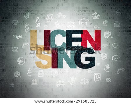 Law concept: Painted multicolor text Licensing on Digital Paper background with  Hand Drawn Law Icons, 3d render