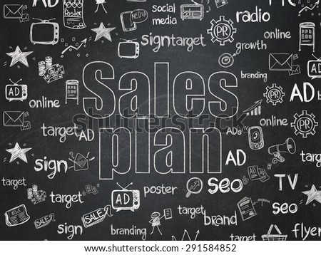 Marketing concept: Chalk White text Sales Plan on School Board background with  Hand Drawn Marketing Icons, 3d render