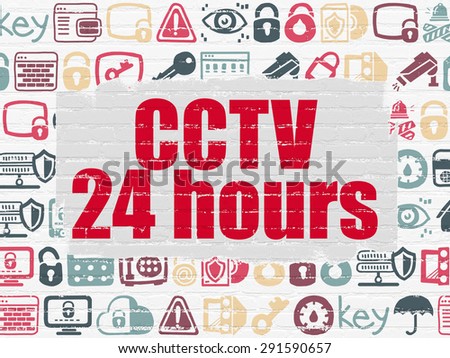 Security concept: Painted red text CCTV 24 hours on White Brick wall background with  Hand Drawn Security Icons, 3d render