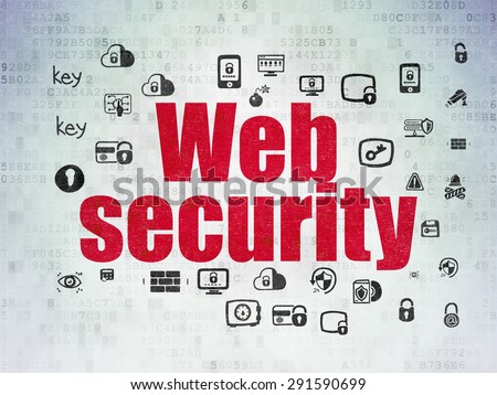 Security concept: Painted red text Web Security on Digital Paper background with  Hand Drawn Security Icons, 3d render