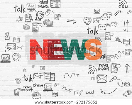 News concept: Painted multicolor text News on White Brick wall background with Scheme Of Hand Drawn News Icons, 3d render