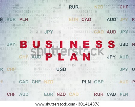 Finance concept: Painted red text Business Plan on Digital Paper background with Currency, 3d render