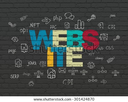 Web design concept: Painted multicolor text Website on Black Brick wall background with  Hand Drawn Site Development Icons, 3d render