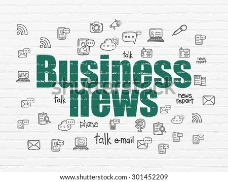 News concept: Painted green text Business News on White Brick wall background with  Hand Drawn News Icons, 3d render