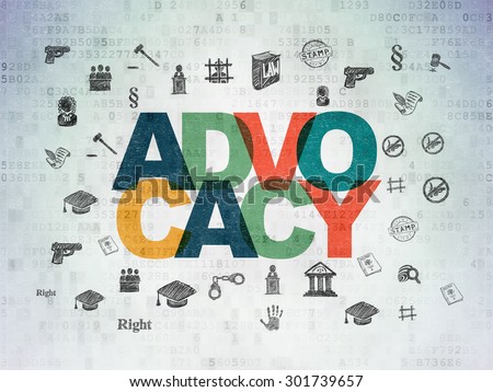 Law concept: Painted multicolor text Advocacy on Digital Paper background with  Hand Drawn Law Icons, 3d render