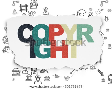 Law concept: Painted multicolor text Copyright on Torn Paper background with Scheme Of Hand Drawn Law Icons, 3d render