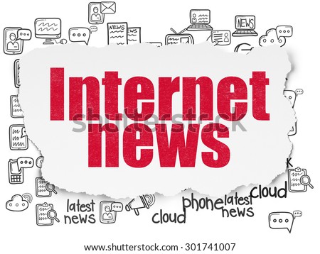 News concept: Painted red text Internet News on Torn Paper background with  Hand Drawn News Icons, 3d render