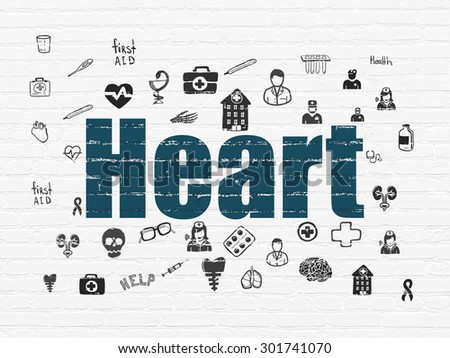 Health concept: Painted blue text Heart on White Brick wall background with  Hand Drawn Medicine Icons, 3d render