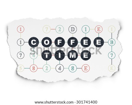 Timeline concept: Painted black text Coffee Time on Torn Paper background with Scheme Of Hexadecimal Code, 3d render