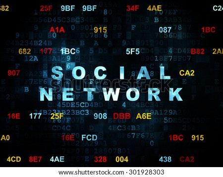 Social network concept: Pixelated blue text Social Network on Digital wall background with Hexadecimal Code, 3d render