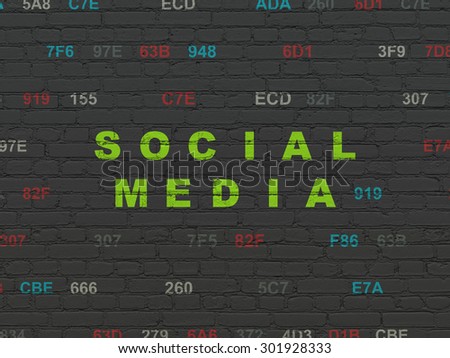 Social network concept: Painted green text Social Media on Black Brick wall background with Hexadecimal Code, 3d render
