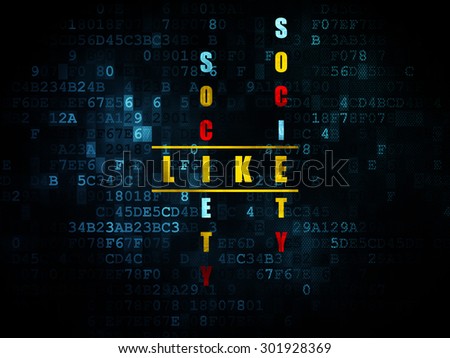 Social media concept: Pixelated yellow word Like in solving Crossword Puzzle on Digital background, 3d render