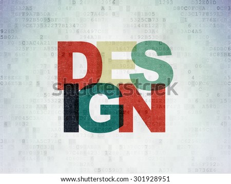 Marketing concept: Painted multicolor text Design on Digital Paper background, 3d render