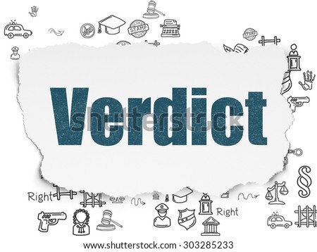 Law concept: Painted blue text Verdict on Torn Paper background with Scheme Of Hand Drawn Law Icons, 3d render