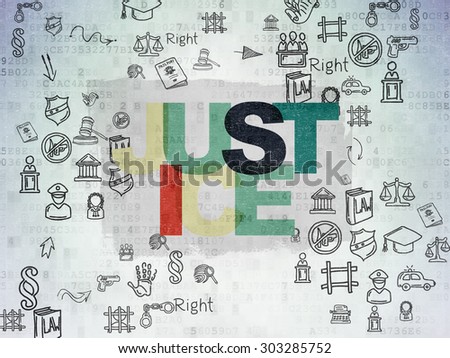 Law concept: Painted multicolor text Justice on Digital Paper background with Scheme Of Hand Drawn Law Icons, 3d render