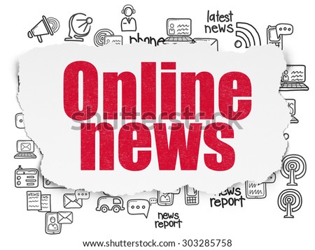 News concept: Painted red text Online News on Torn Paper background with  Hand Drawn News Icons, 3d render