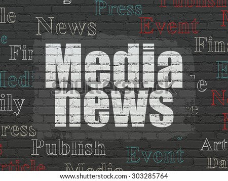 News concept: Painted white text Media News on Black Brick wall background with  Tag Cloud, 3d render