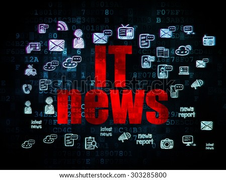News concept: Pixelated red text IT News on Digital background with  Hand Drawn News Icons, 3d render
