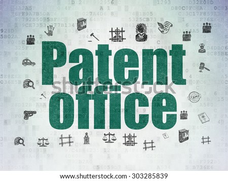 Law concept: Painted green text Patent Office on Digital Paper background with  Hand Drawn Law Icons, 3d render