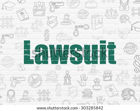 Law concept: Painted green text Lawsuit on White Brick wall background with  Hand Drawn Law Icons, 3d render