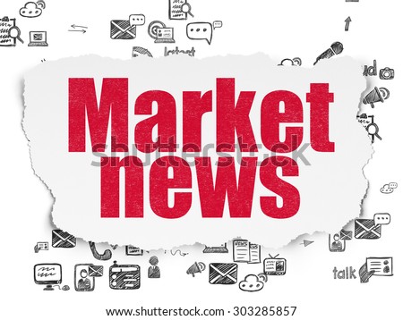 News concept: Painted red text Market News on Torn Paper background with Scheme Of Hand Drawn News Icons, 3d render