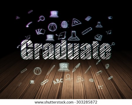 Learning concept: Glowing text Graduate,  Hand Drawn Education Icons in grunge dark room with Wooden Floor, black background, 3d render
