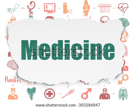Medicine concept: Painted green text Medicine on Torn Paper background with Scheme Of Hand Drawn Medicine Icons, 3d render