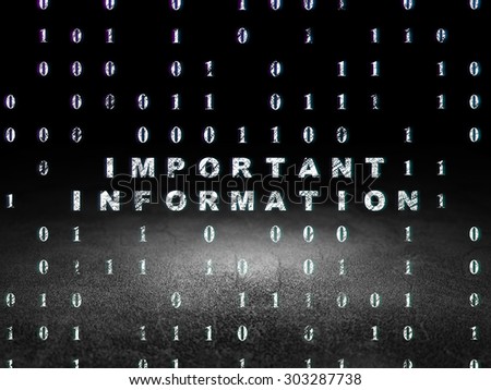 Information concept: Glowing text Important Information in grunge dark room with Dirty Floor, black background with Binary Code, 3d render