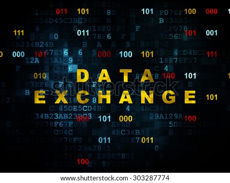 Data concept: Pixelated yellow text Data Exchange on Digital wall background with Binary Code, 3d render